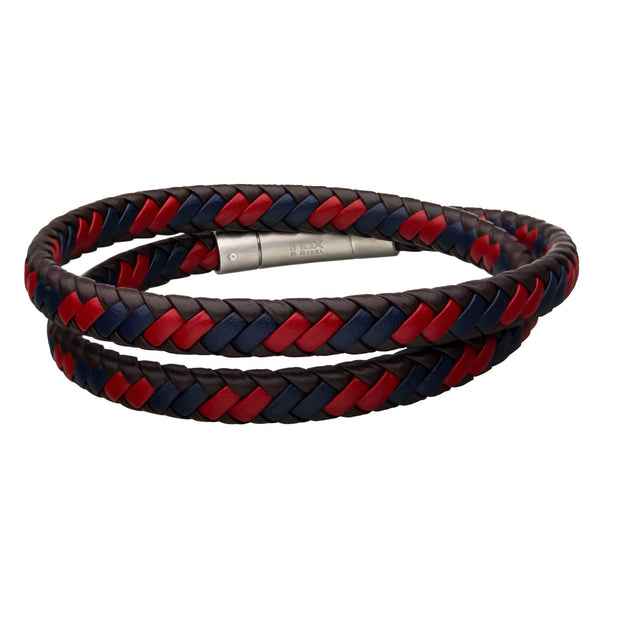 Men's Brown, Red, and Blue Double Round Leather Bracelet
