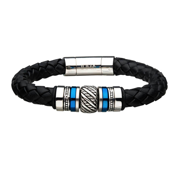 Men's black braided leather bracelet with steel and blue beads