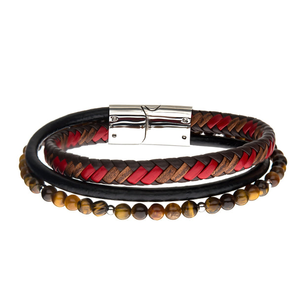 Tiger Eye Beads with Brown and Red Leather Layered Bracelet