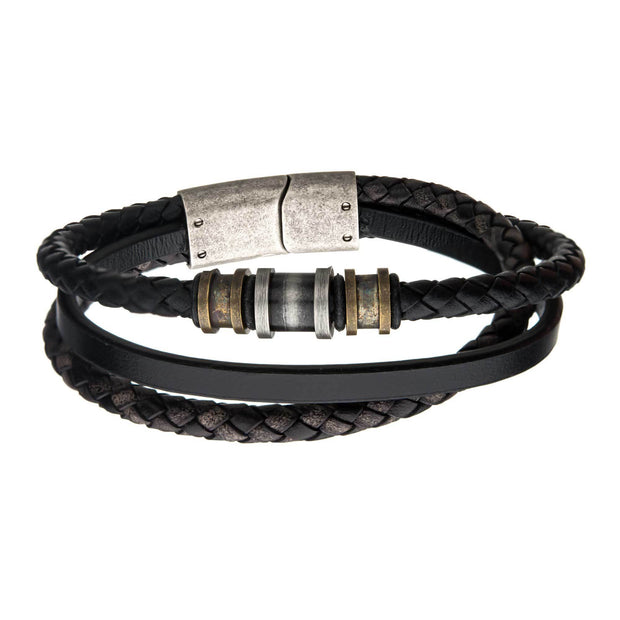  Steel Antique Gold/Silver Black Leather Layered Bracelet