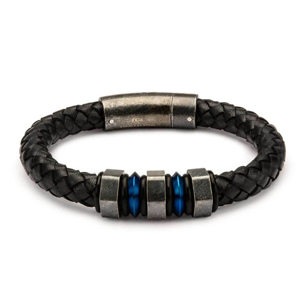Men's black braided leather bracelet with steel blue and gray beads