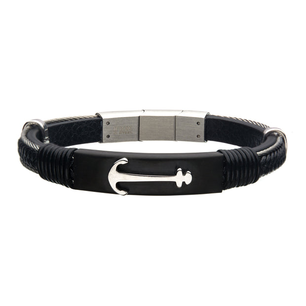 Men's Black Leather Bracelet with Steel Anchor