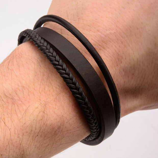 Men's Brown Leather with Braided Layered Bracelet