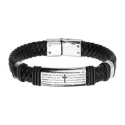 Men's black braided leather bracelet with the Lord's prayer
