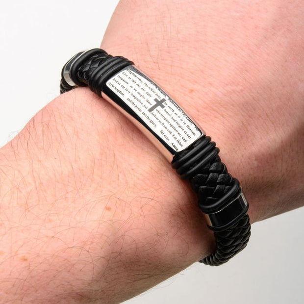 Men's black braided leather bracelet with Lord's Prayer