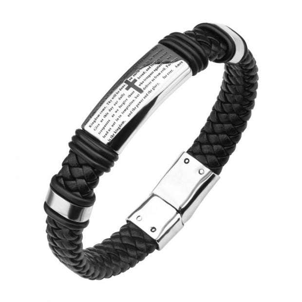 Men's black braided leather bracelet with the Lord's prayer