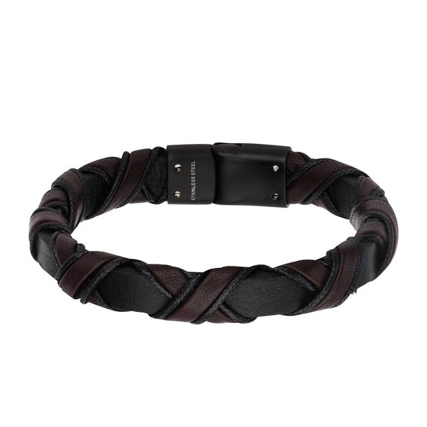 Black Clasp with Woven Black and Dark Brown Leather Bracelet