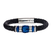 Steel and Blue Plated Bead in Black Braided Leather Bracelet