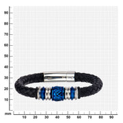 Steel and Blue Plated Bead in Black Braided Leather Bracelet