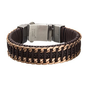 Brown & Black Weave Leather Bracelet with Rose Gold Chain