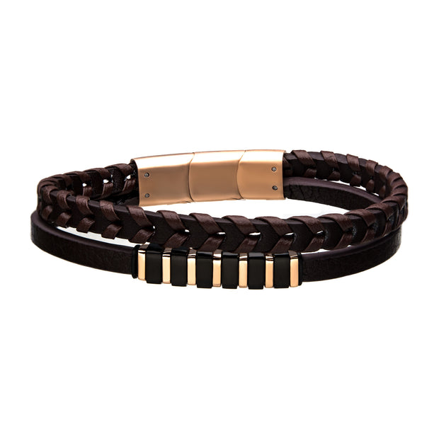 Men's brown leather bracelet with black and rose gold bar