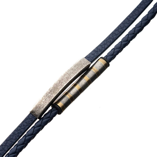 Men's Blue Leather Bracelet with Stainless Steel Bar