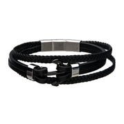 Men's Black Leather with Steel Stoppers Bracelet