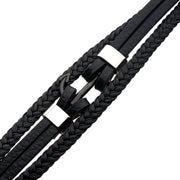 Men's Black Leather with Steel Stoppers Bracelet