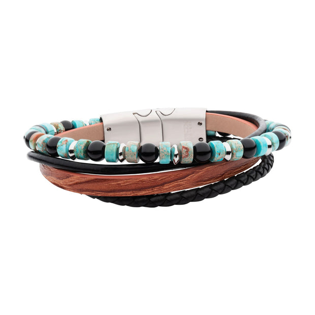 Brown & Black Leather with Black Onyx & Green Emperor Stone Bead Multi-Strand Bracelet