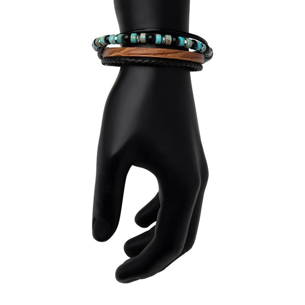 Brown & Black Leather with Black Onyx & Green Emperor Stone Bead Multi-Strand Bracelet