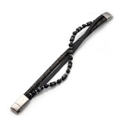 Black & Grey Leather with Black Onyx & White Howlite Stone Bead Multi-Strand Bracelet