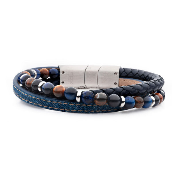 Blue Leather & Blue Denim with Lapis Lazuli & Tiger's Eye Stone Bead Multi-Strand Bracelet