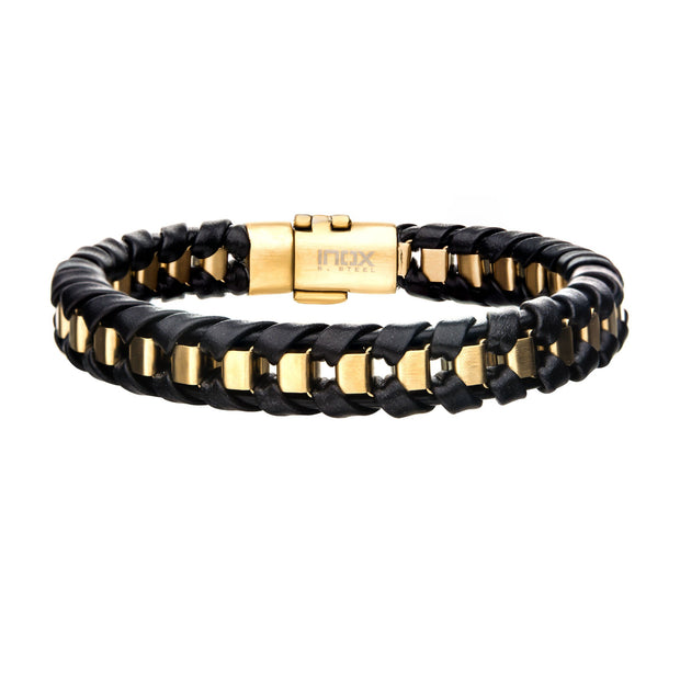 Men's Black Leather with Gold Plated Bracelet