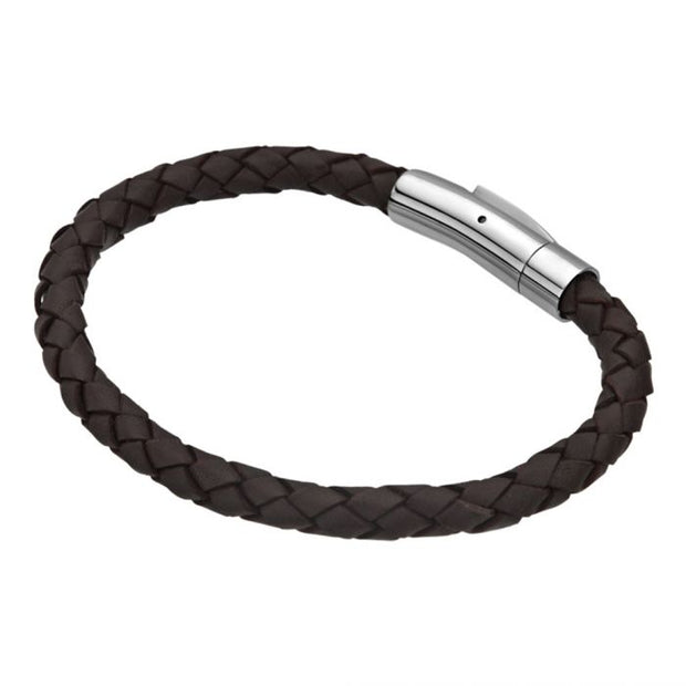  Men's Single Dark Brown Braided Leather Bracelet
