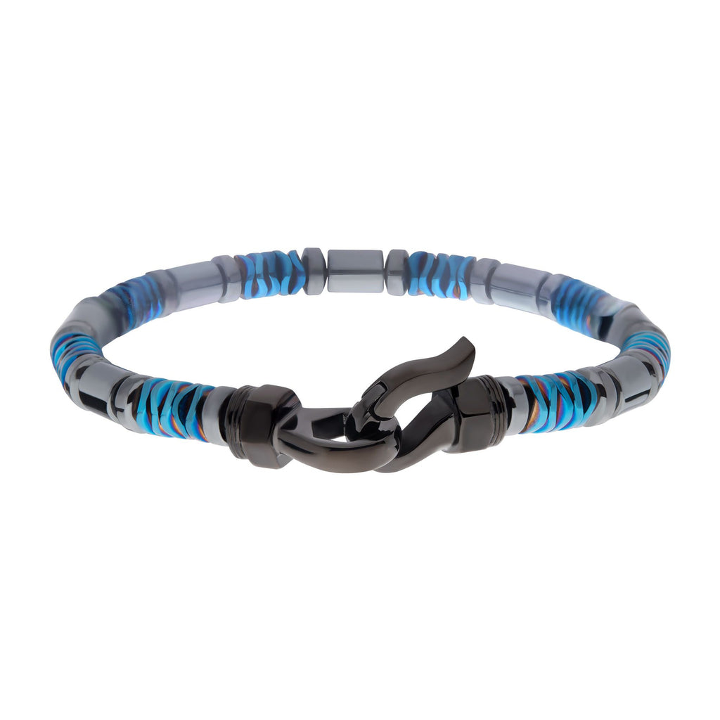 ChalieManShop  Black & Blue Hematite Beads Bracelet with Hinged Steel Hook  Clasp – Charlie Man