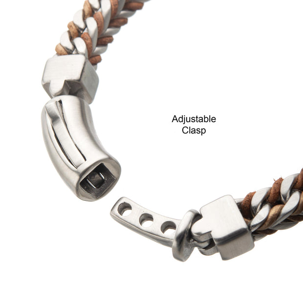 Men's Rose Gold Leather Binding Steel Chain Bracelet