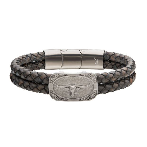 Men's gray leather bracelet with brushed steel longhorn