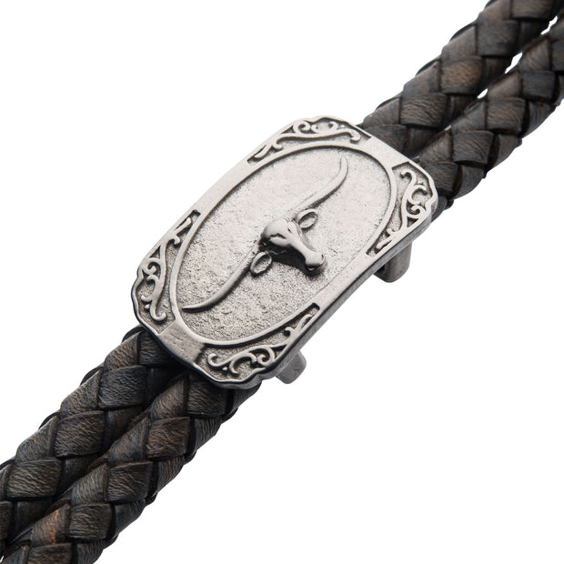 Men's gray leather bracelet with brushed steel longhorn