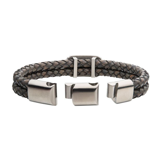 Men's gray leather bracelet with brushed steel longhorn