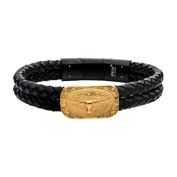 Men's black leather with gold plated longhorn bracelet