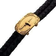 Men's black leather with gold plated longhorn bracelet