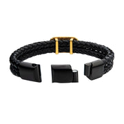 Men's black leather with gold plated longhorn bracelet