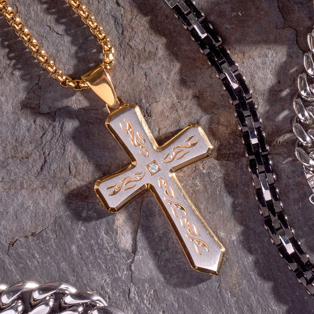 18K Gold Plated Tribal Cross Pendant with 2mm Lab-grown Diamond, with 24" Box Chain