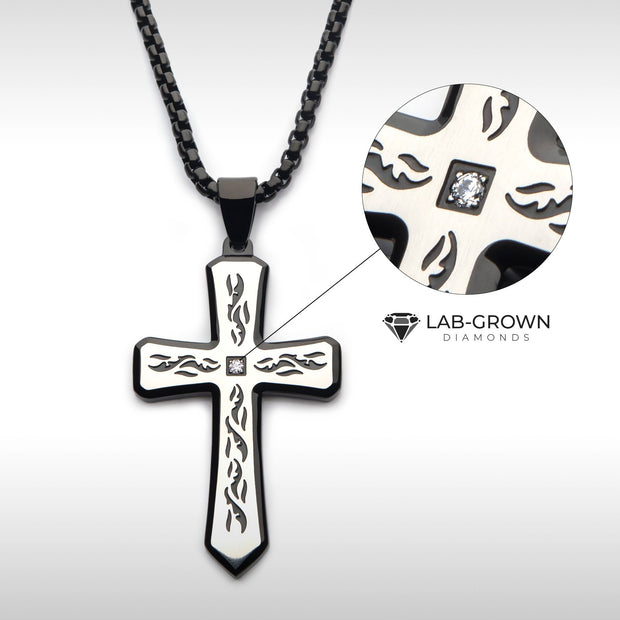 Black Plated Tribal Cross Pendant with 2mm Lab-grown Diamond, with 24" Box Chain