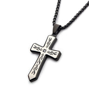 Black Plated Tribal Cross Pendant with 2mm Lab-grown Diamond, with 24" Box Chain