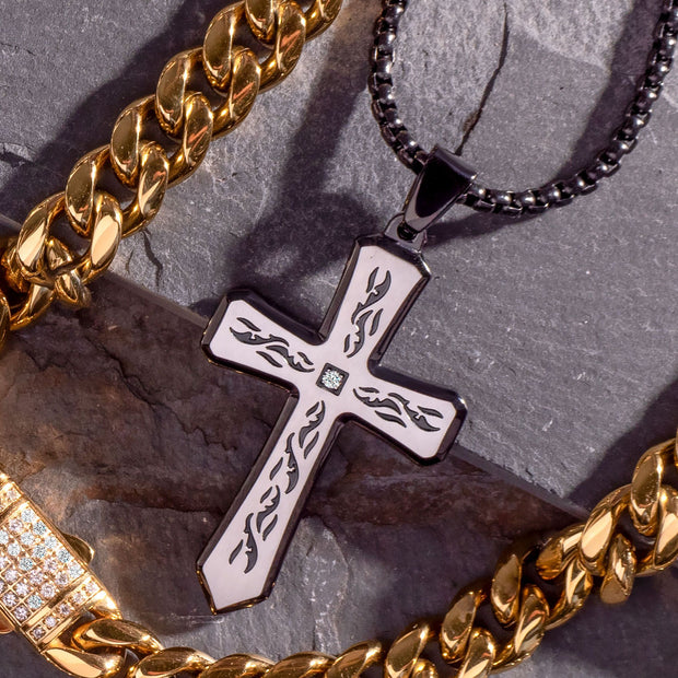 Black Plated Tribal Cross Pendant with 2mm Lab-grown Diamond, with 24" Box Chain