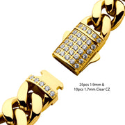 12mm 18K Gold Plated Miami Cuban Chain Bracelet with CNC Precision Set CZ Double Tab Box Clasp