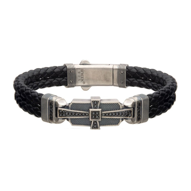 Braided - Genuine Sterling Silver with Double Braid Black Leather and 40pc Black CZ Bracelet