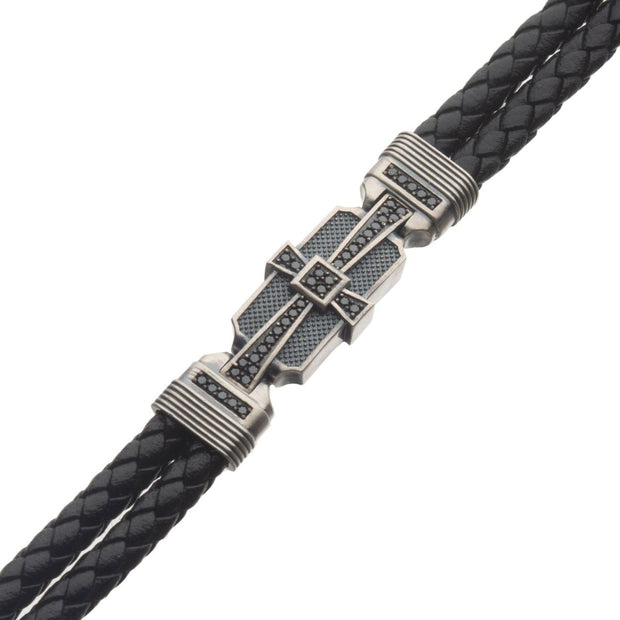 Braided - Genuine Sterling Silver with Double Braid Black Leather and 40pc Black CZ Bracelet