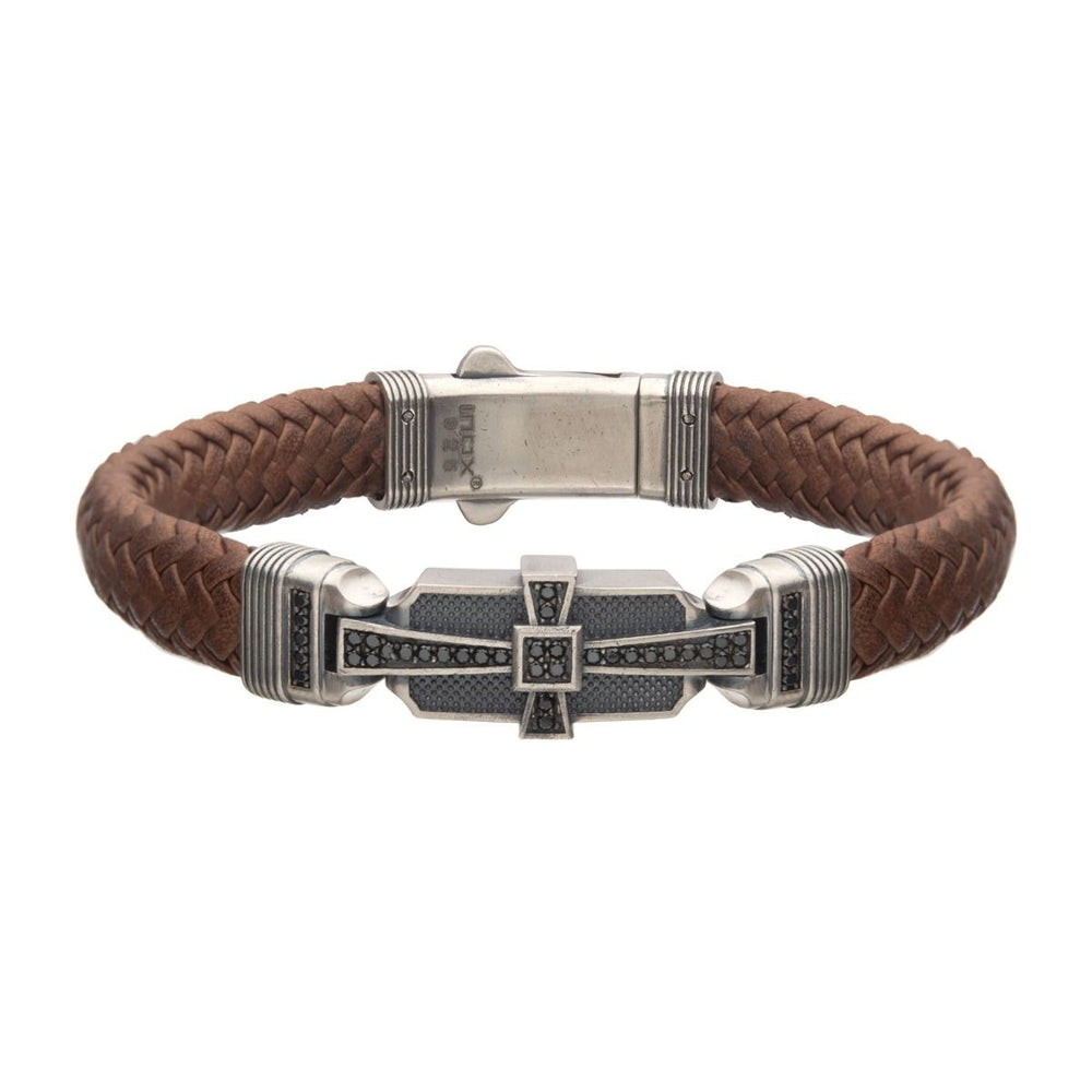 Men's sterling silver with brown braided leather bracelet