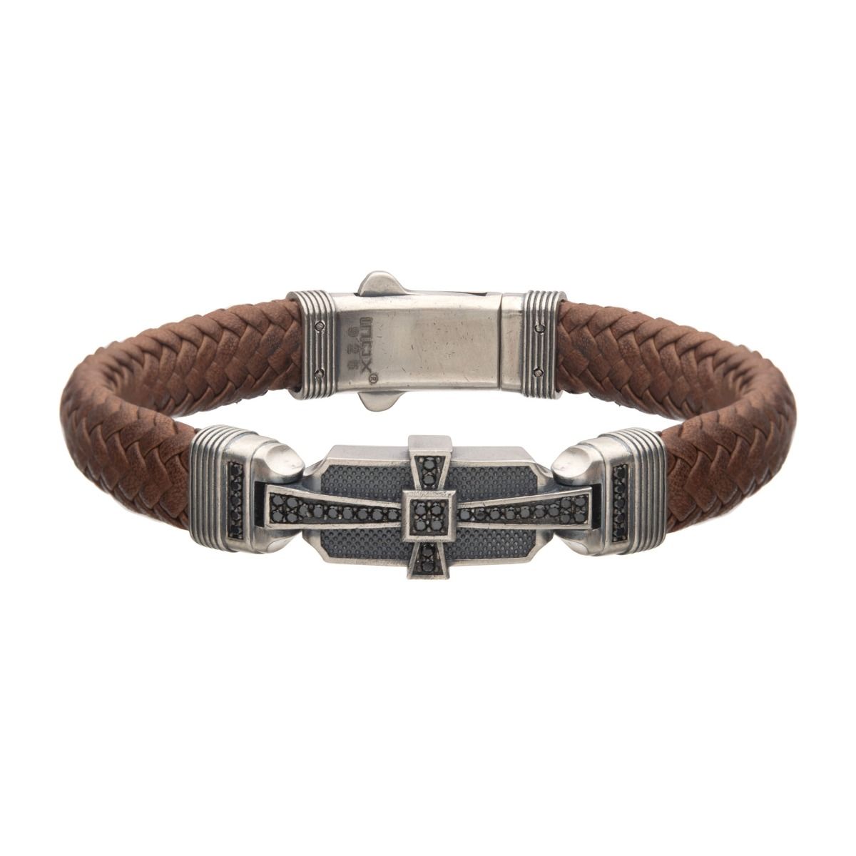Men's sterling silver with brown braided leather bracelet