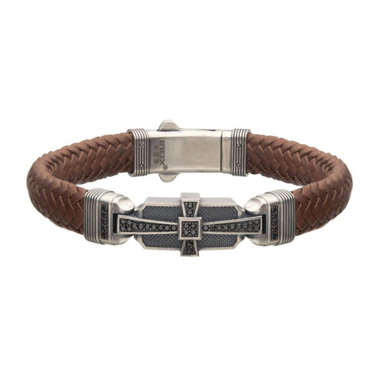Men's sterling silver with brown braided leather bracelet