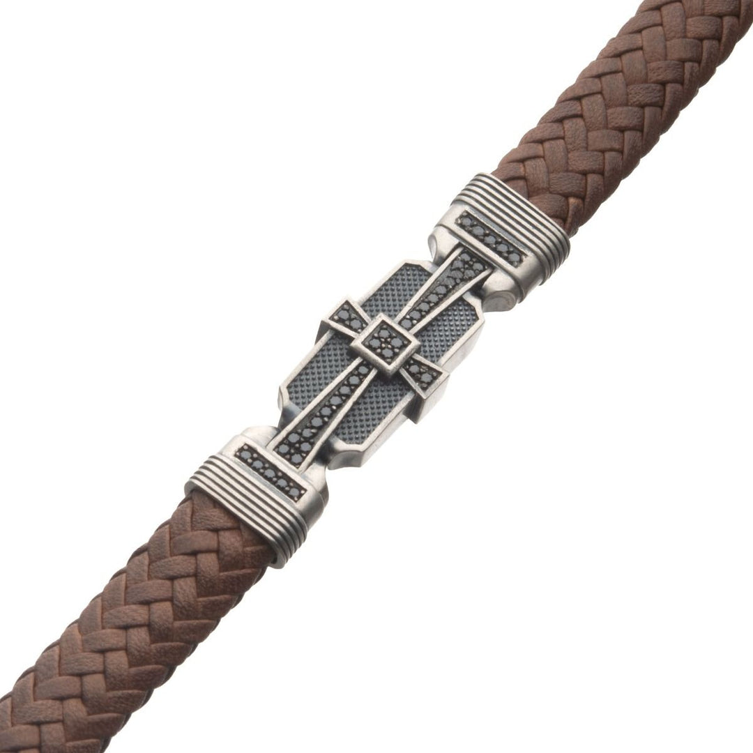 Men's sterling silver with brown braided leather bracelet