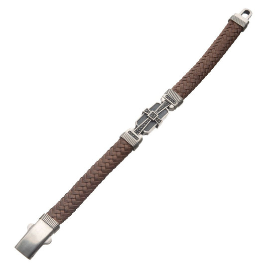 Men's sterling silver with brown braided leather bracelet