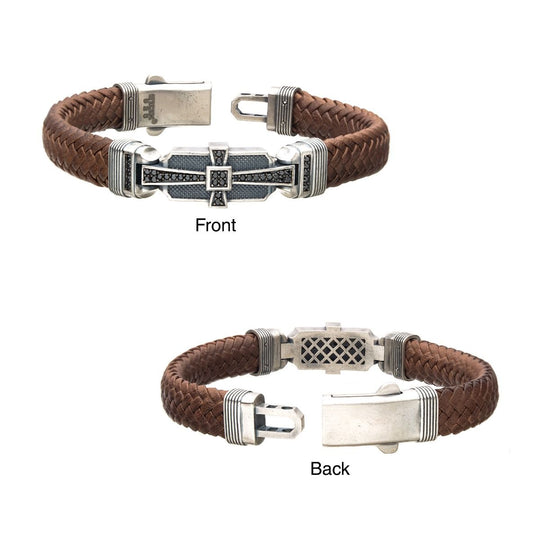 Men's sterling silver with brown braided leather bracelet