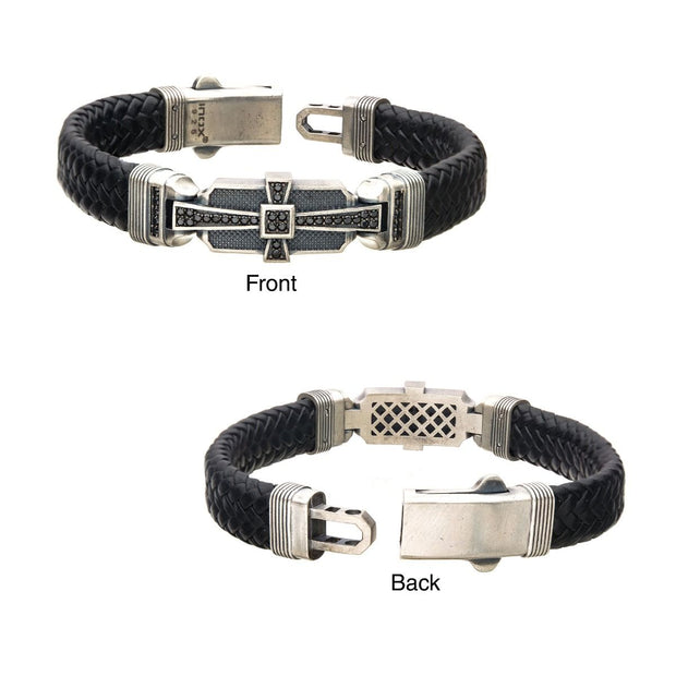Men's sterling silver with black braided leather bracelet