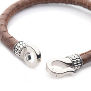 Brown Soft Python Snake Leather Bracelet with Hinged Polished Finish 925 Sterling Silver Clasp
