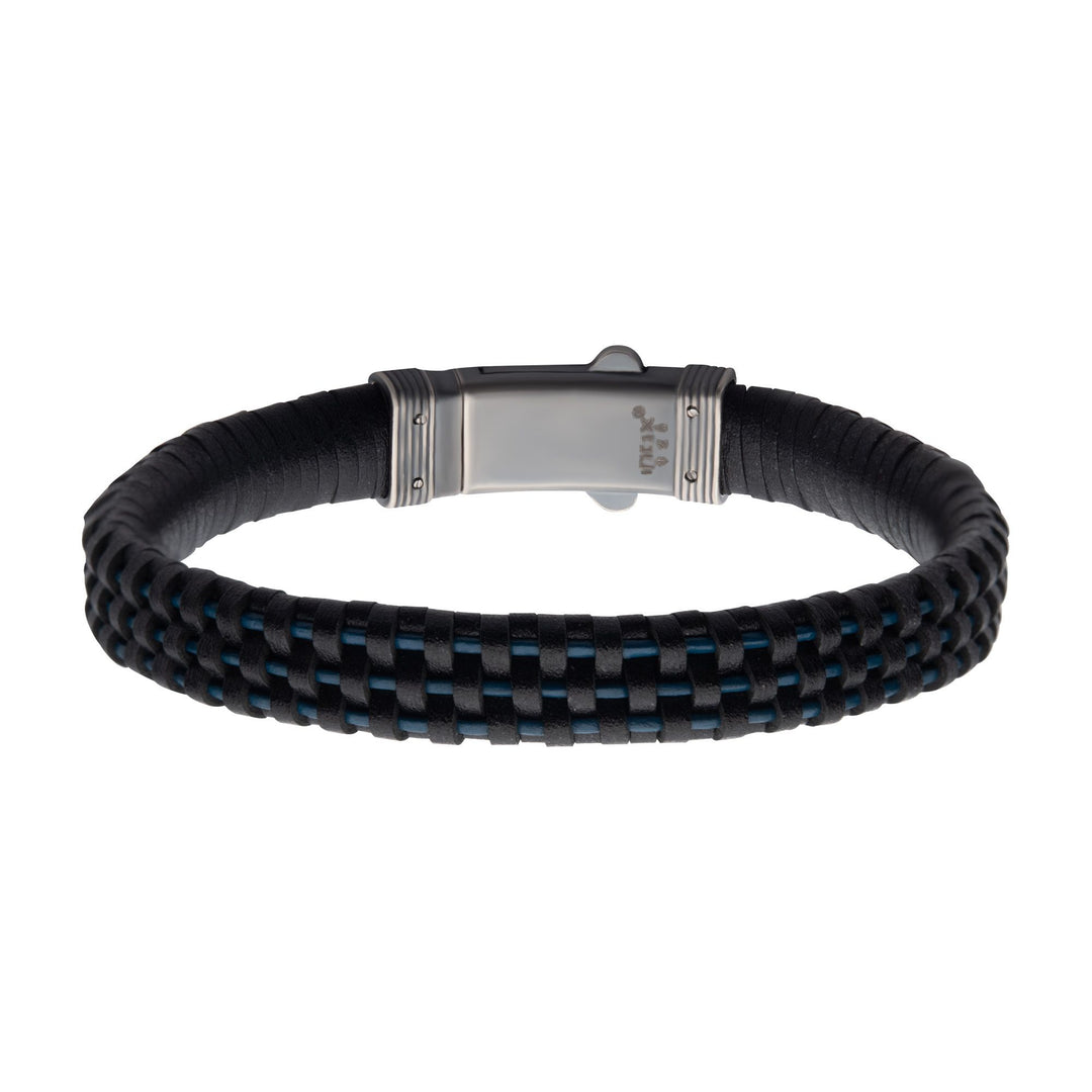 Men's Black & Blue Braided Leather Bracelet with Sterling Silver Clasp