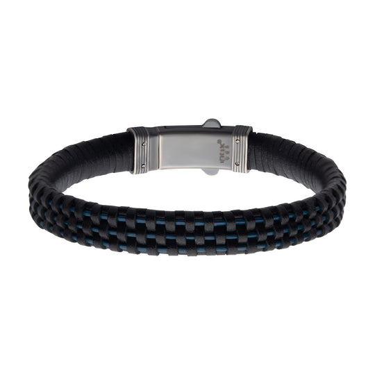 Men's Black & Blue Braided Leather Bracelet with Sterling Silver Clasp