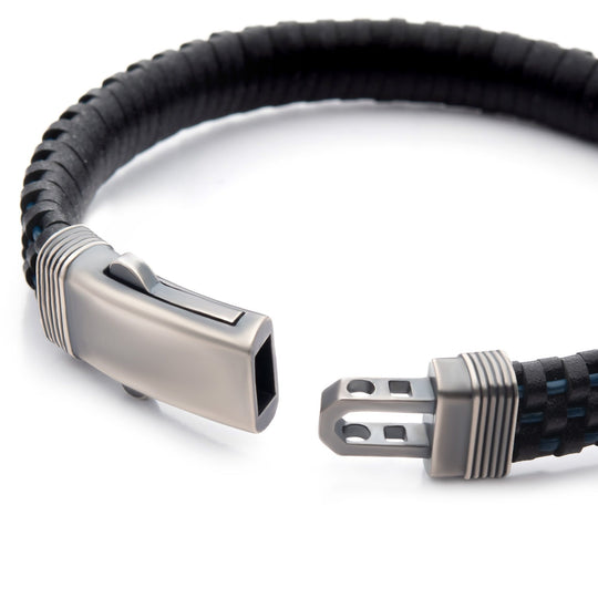 Men's Black & Blue Braided Leather Bracelet with Sterling Silver Clasp